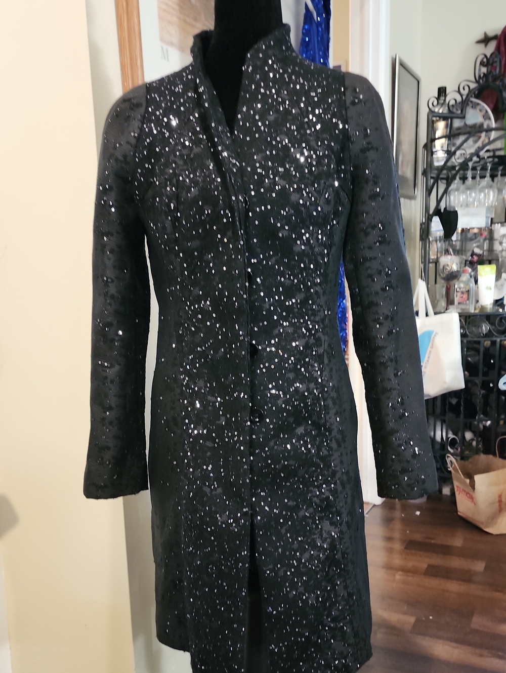 Black Sequin Knee-Length Coat with High Collar